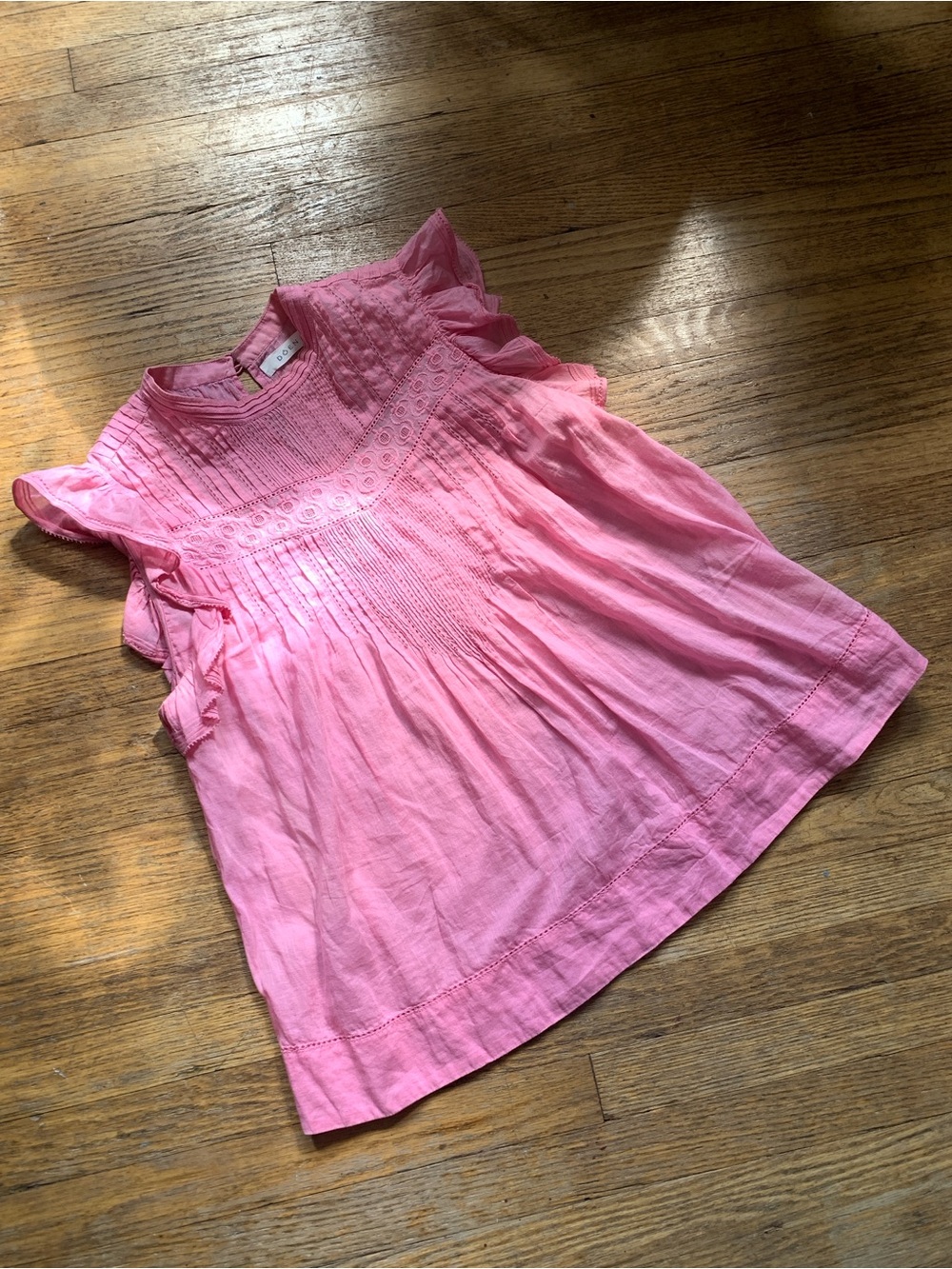 Dôen Amaranth Top, carnation pink, w/delicate pintuck pleating 100% soft cotton.